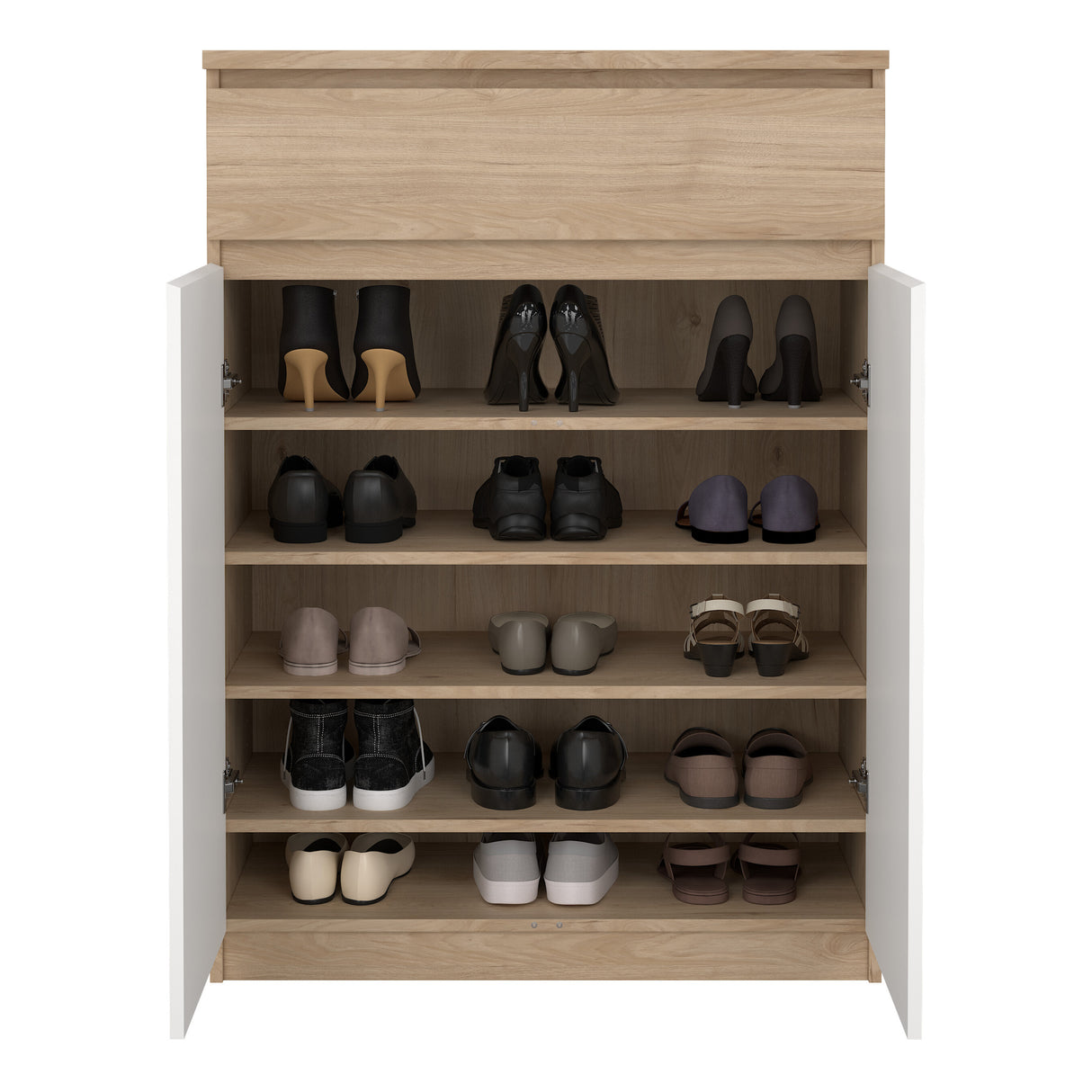 Naia Shoe Cabinet with 2 Doors +1 Drawer in Jackson Hickory Oak and white