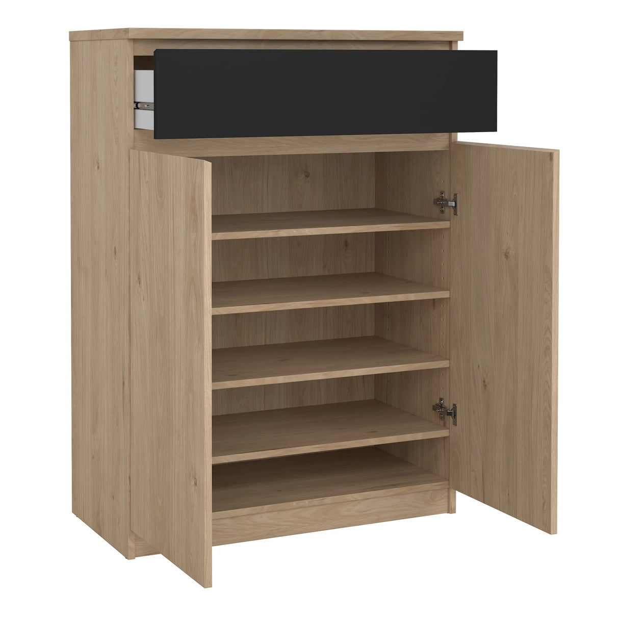 Naia Shoe Cabinet with 2 Doors 1 Drawer in Jackson Hickory Oak and Black