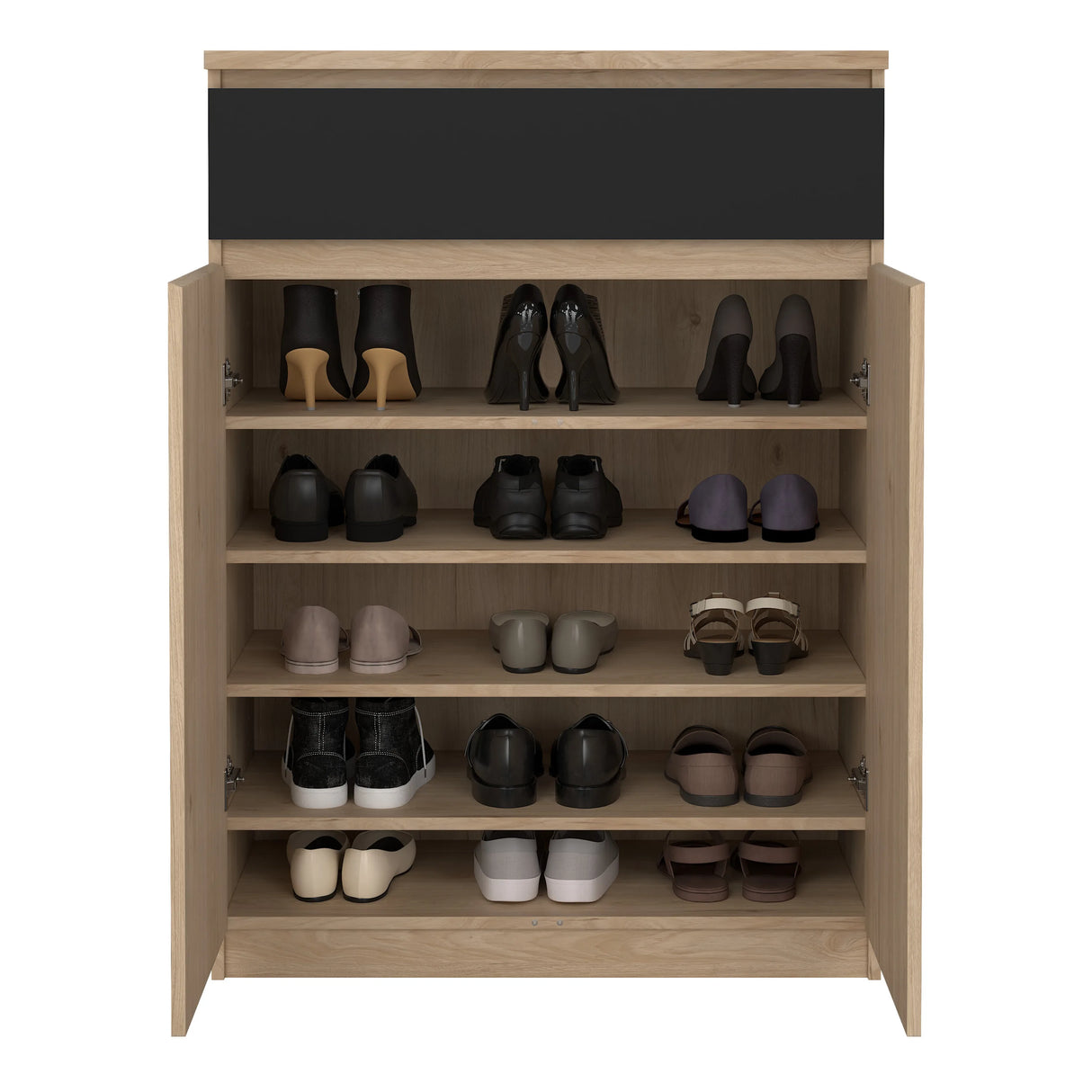 Naia Shoe Cabinet with 2 Doors 1 Drawer in Jackson Hickory Oak and Black