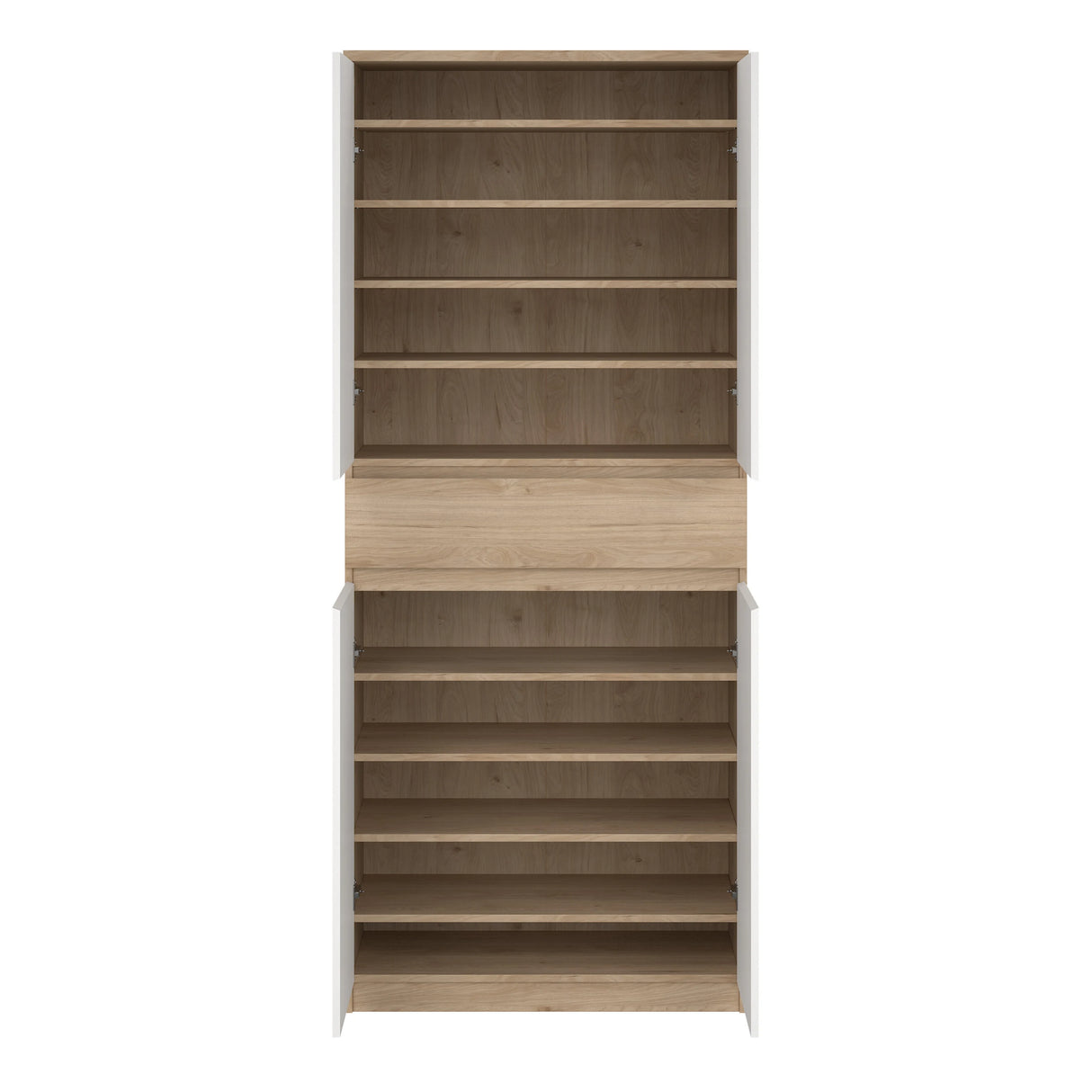 Naia Shoe Cabinet with 4 Doors 1 Drawer in Jackson Hickory Oak and White