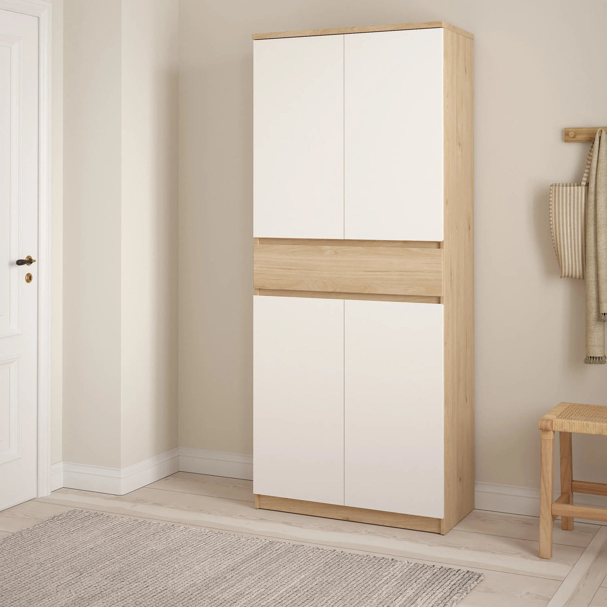 Naia Shoe Cabinet with 4 Doors 1 Drawer in Jackson Hickory Oak and White