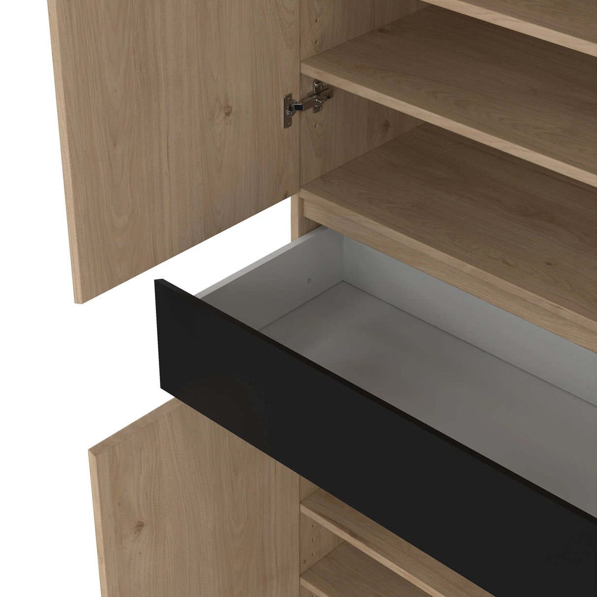 Naia Shoe Cabinet with 4 Doors 1 Drawer in Jackson Hickory Oak and Black