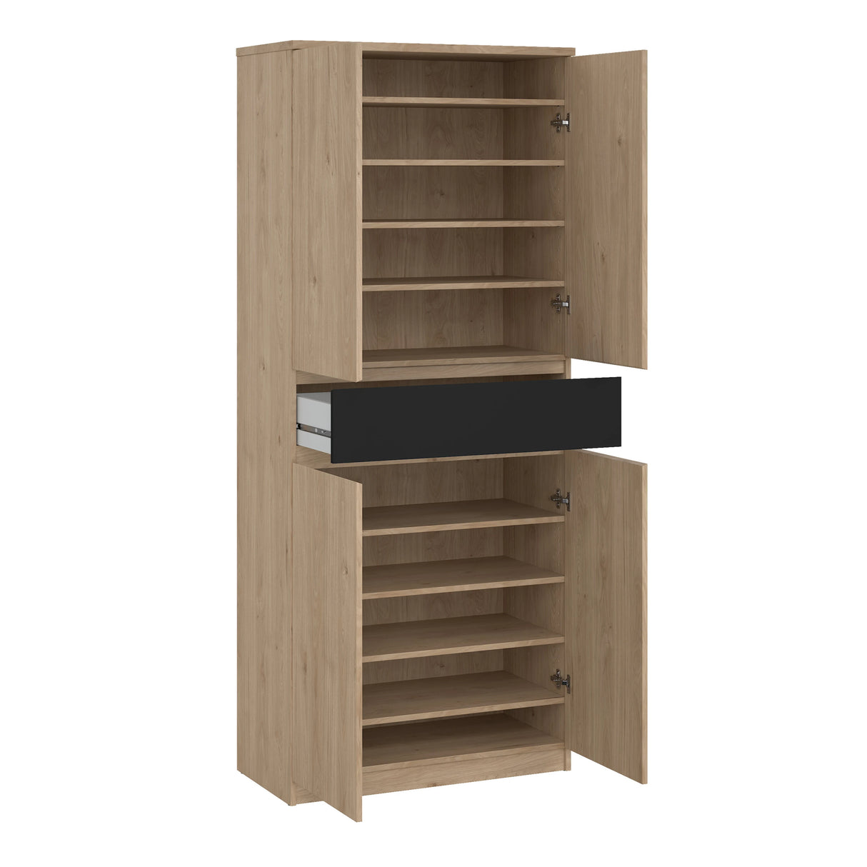 Naia Shoe Cabinet with 4 Doors 1 Drawer in Jackson Hickory Oak and Black