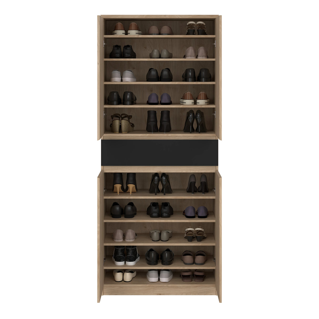 Naia Shoe Cabinet with 4 Doors 1 Drawer in Jackson Hickory Oak and Black