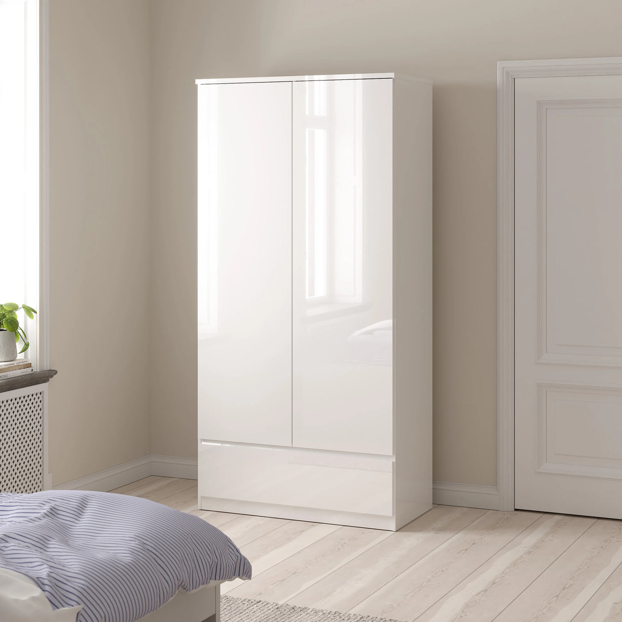 Naia Package - Bedside 3 Drawers + Chest of 5 Drawers + Wardrobe with 2 Doors + 1 Drawer in White High Gloss
