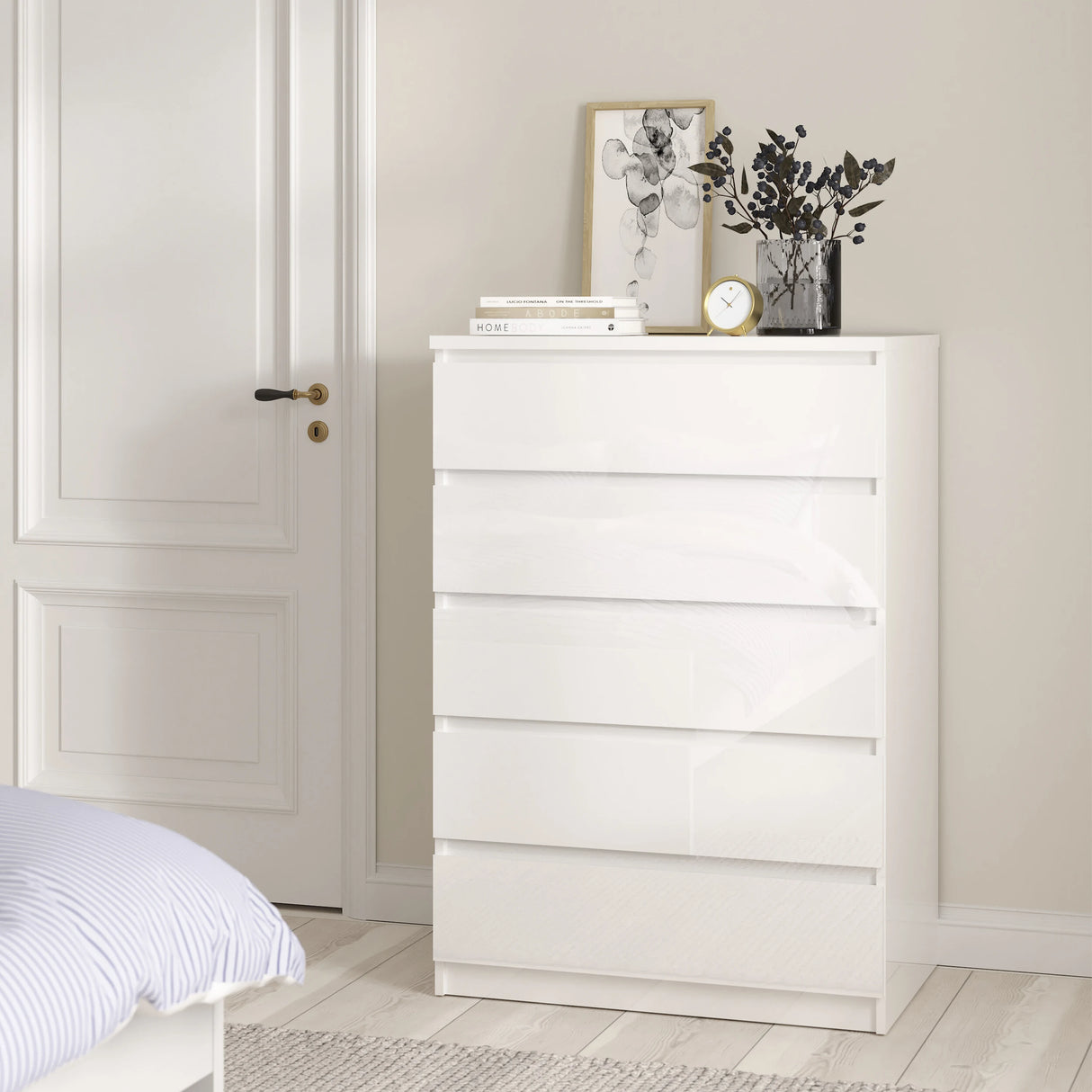 Naia Package - Bedside 3 Drawers + Chest of 5 Drawers + Wardrobe with 2 Doors + 1 Drawer in White High Gloss