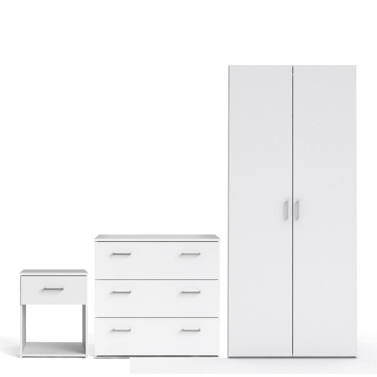 Space Package - Bedside 1 Drawer + Chest of 3 Drawers + Wardrobe with 2 Doors in White