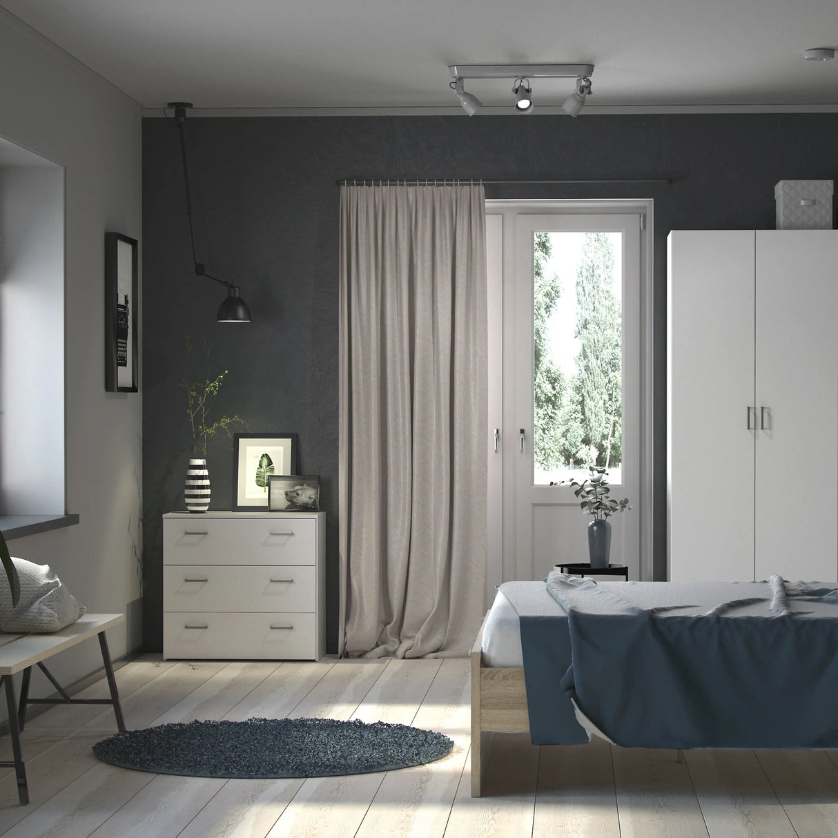 Space Package - Bedside 1 Drawer + Chest of 3 Drawers + Wardrobe with 2 Doors in White