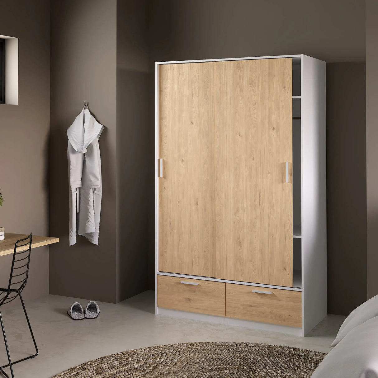 Line Wardrobe with 2 Doors 2 Drawers in White and Jackson Hickory Oak