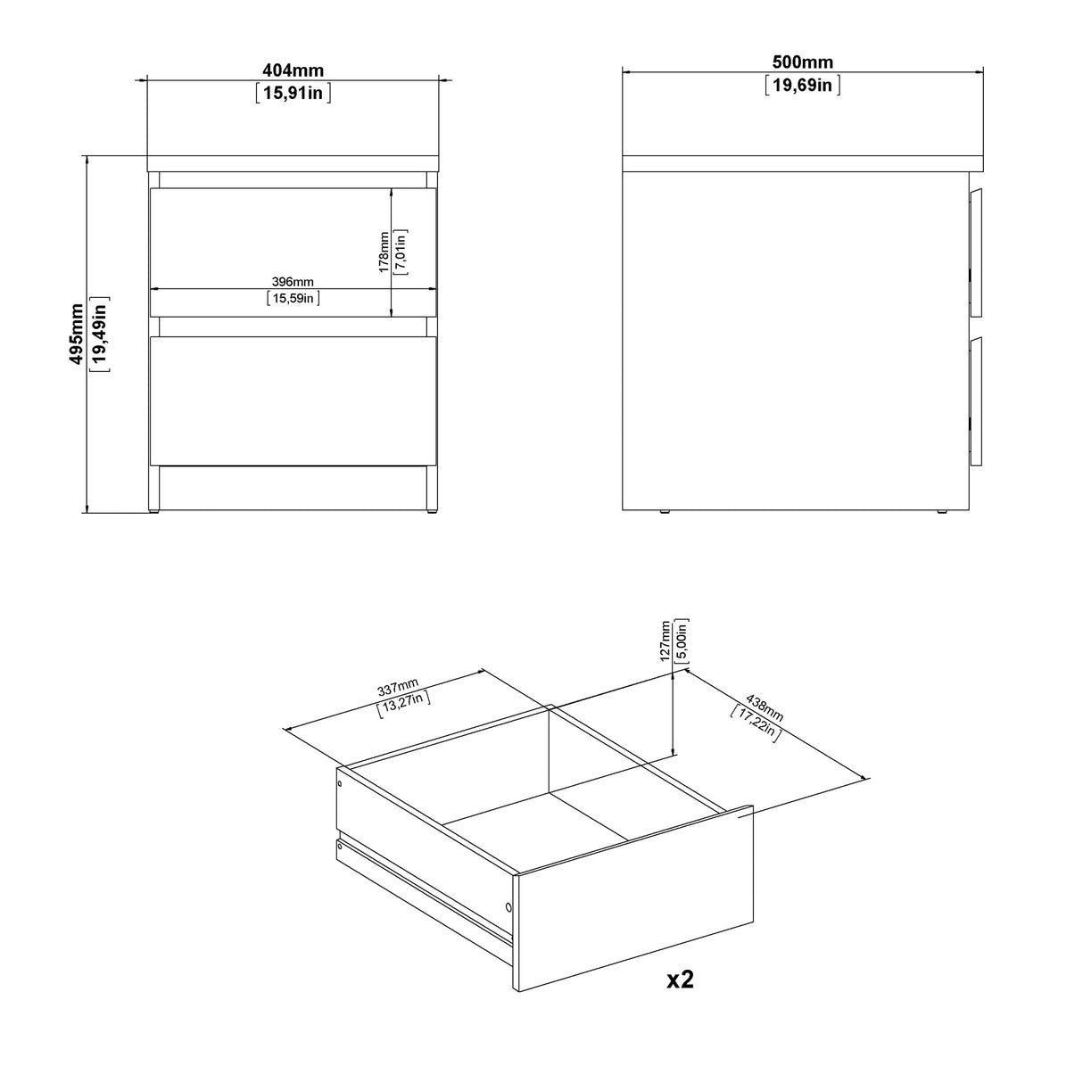 Naia Bedside 2 Drawers in White high gloss
