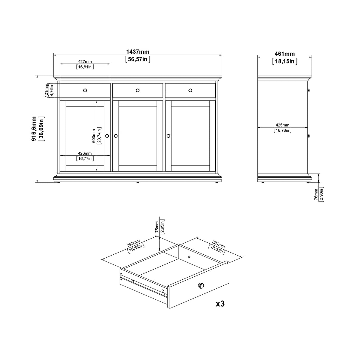 Paris Sideboard with 3 Doors and 3 Drawers in White
