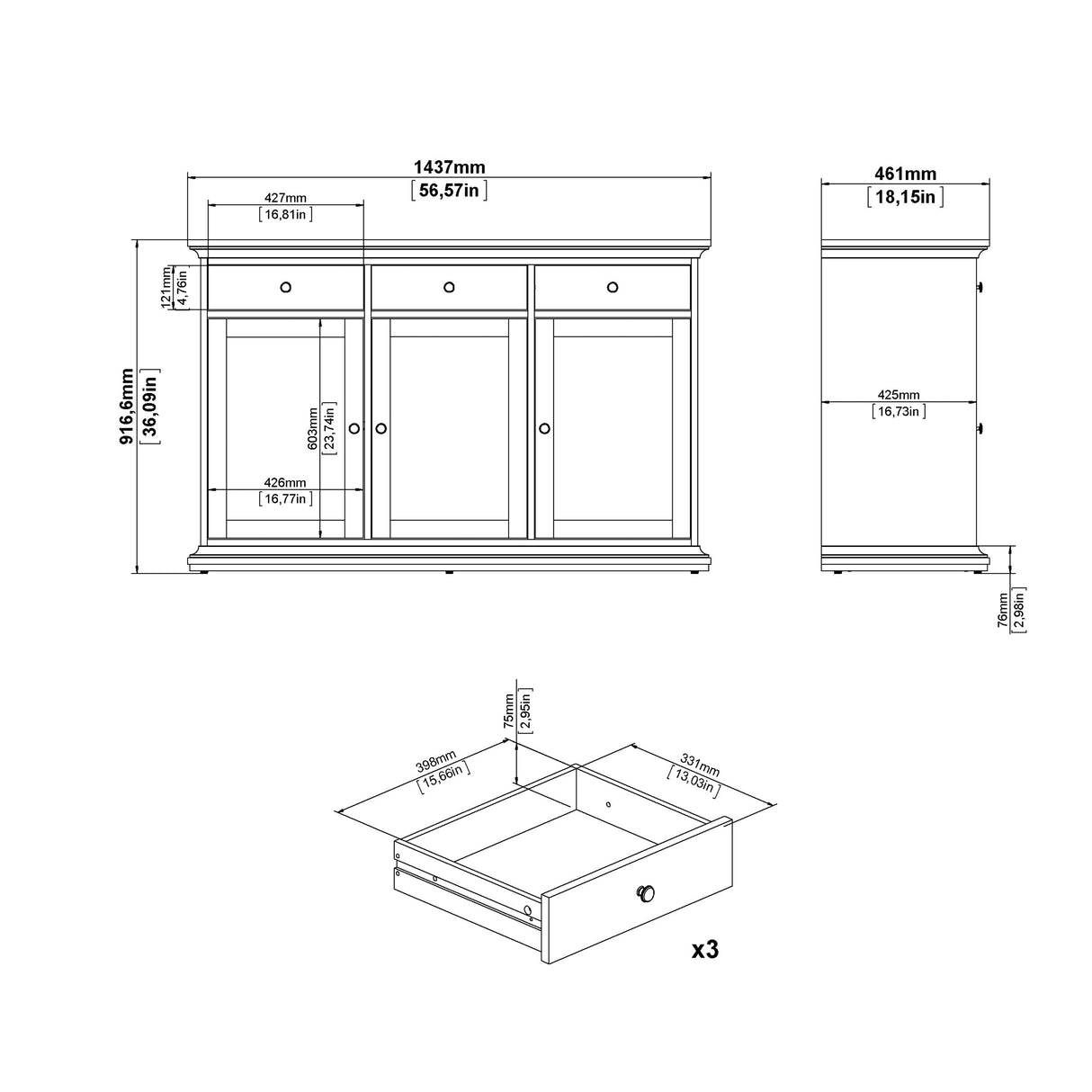 Paris Sideboard with 3 Doors and 3 Drawers in Matt Grey