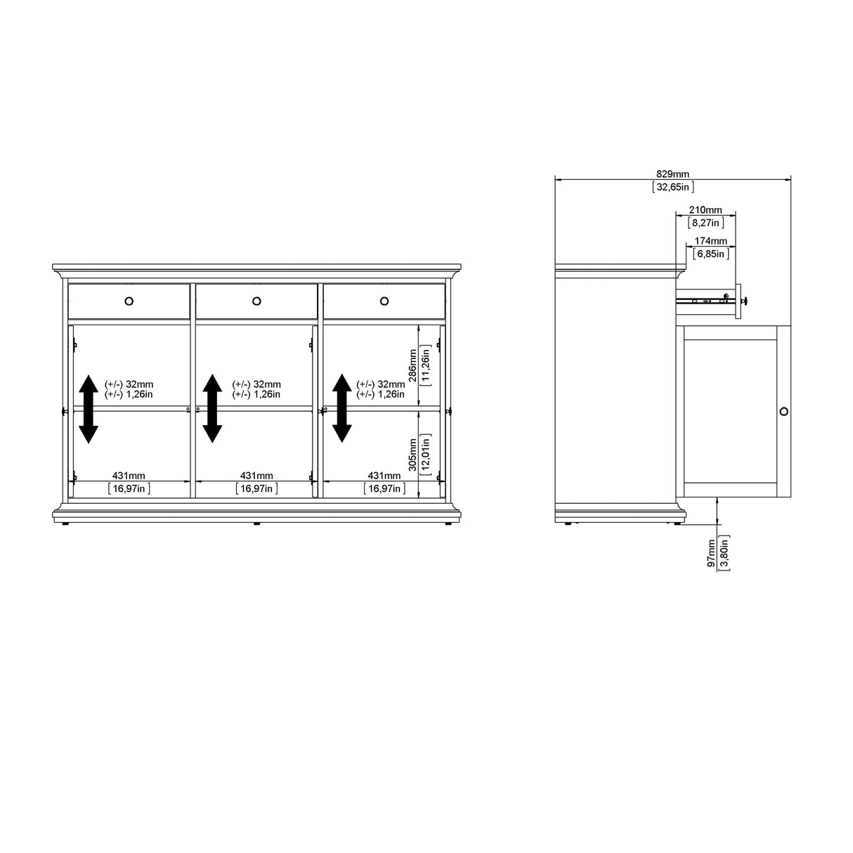 Paris Sideboard with 3 Doors and 3 Drawers in Matt Grey