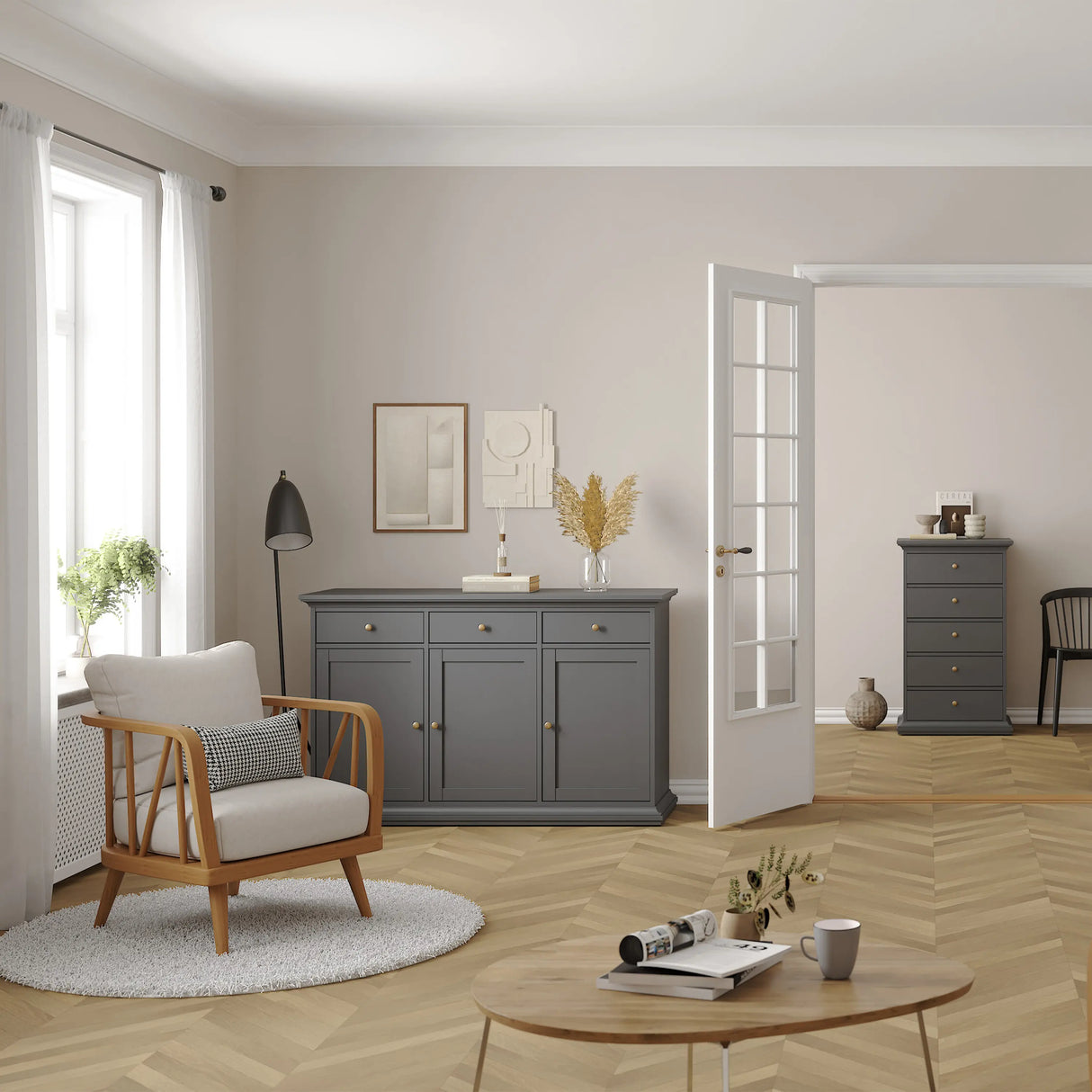Paris Sideboard with 3 Doors and 3 Drawers in Matt Grey