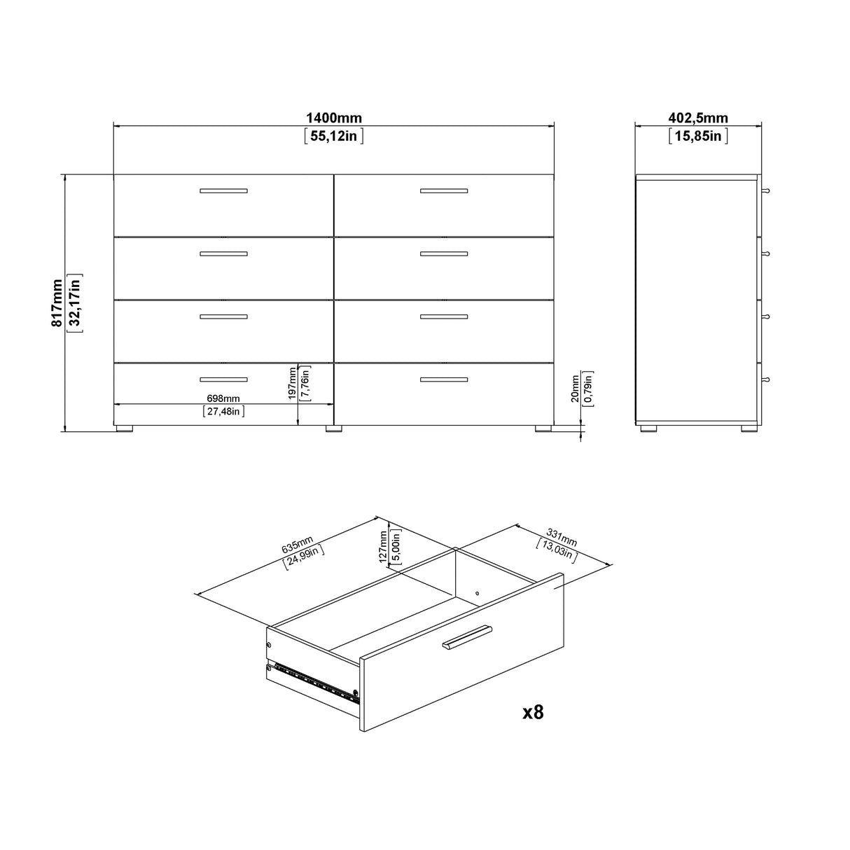 Pepe Wide Chest of 8 Drawers in Black