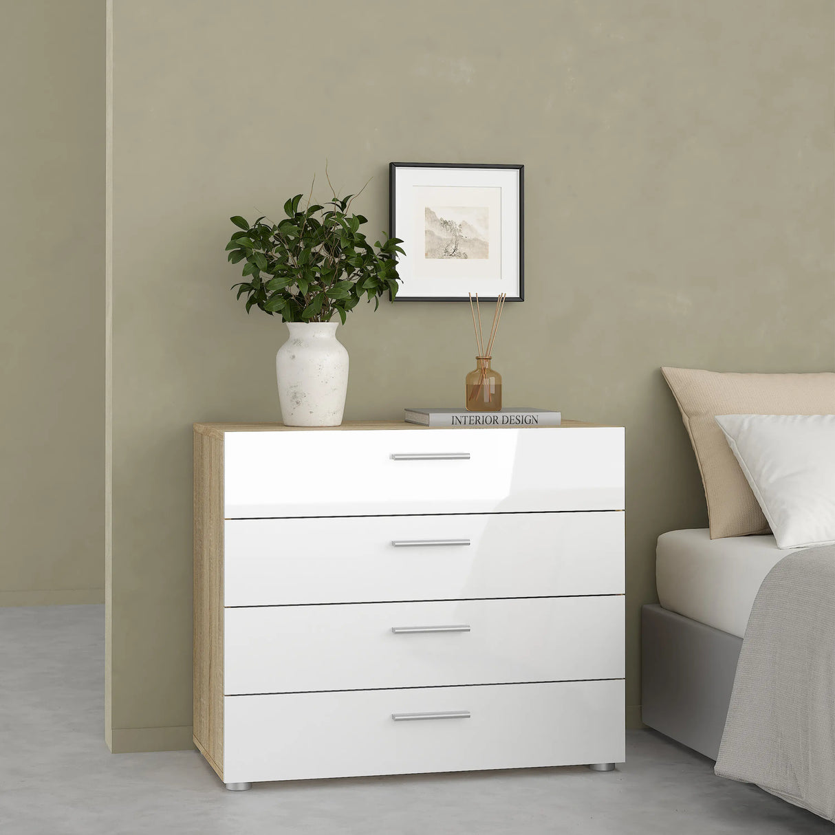 Pepe Chest of 4 Drawers in Oak with White High Gloss
