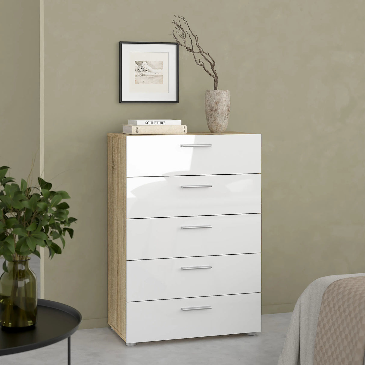 Pepe Chest of 5 Drawers in Oak with White Gloss
