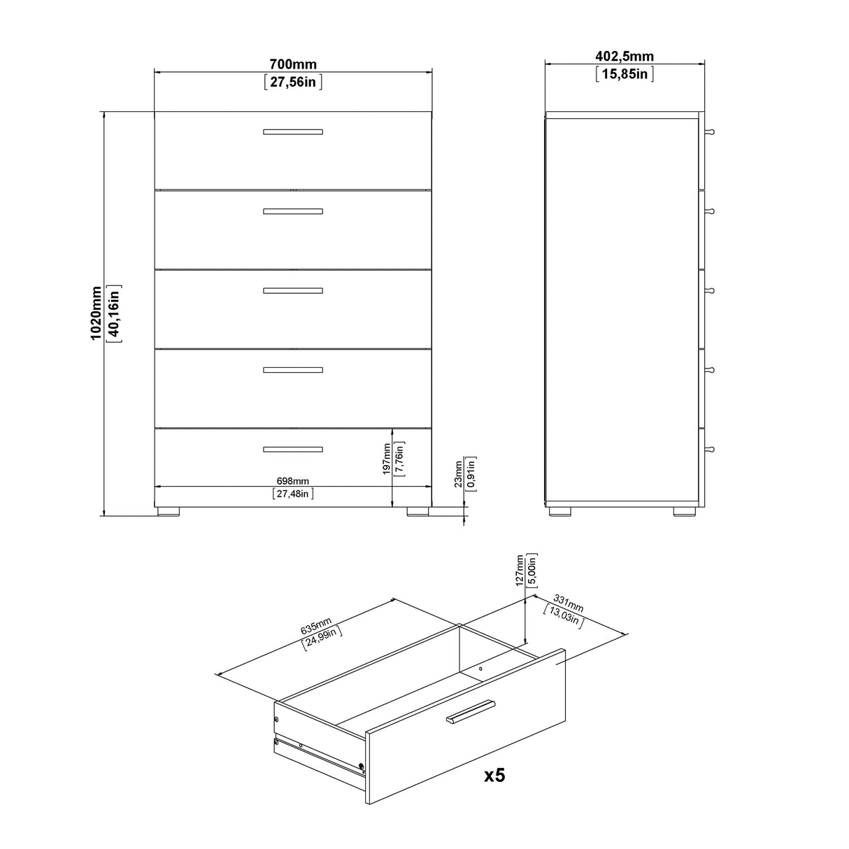 Pepe Chest of 5 Drawers in Oak with White Gloss