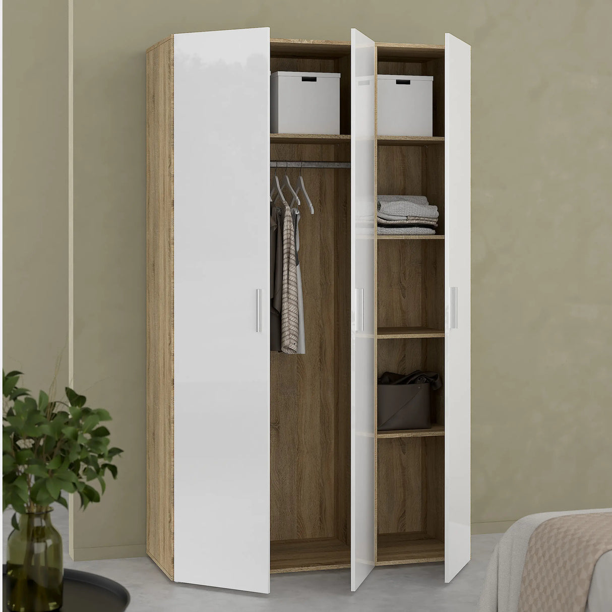 Pepe Wardrobe with 3 Doors in Oak with White High Gloss