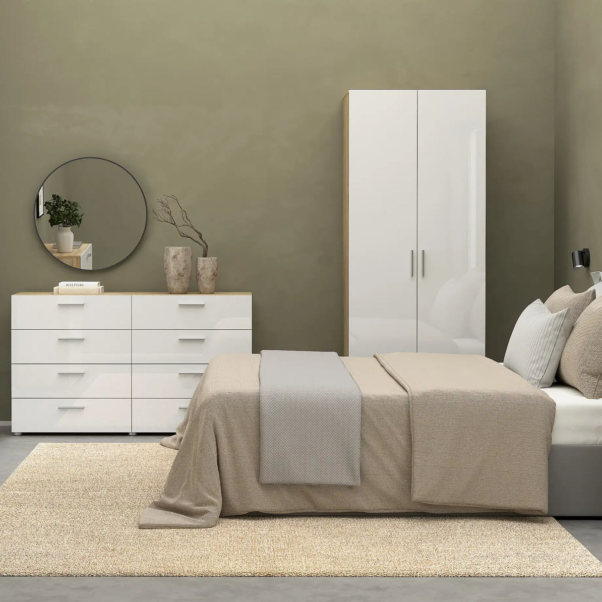 Pepe Package - Bedside 2 Drawers + Chest of 4 Drawers + Wardrobe with 2 Doors in Oak with White High Gloss