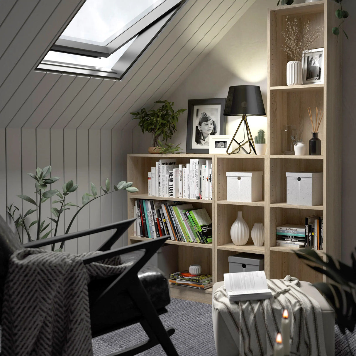 Basic Low Narrow Bookcase with 2 Shelves in Oak