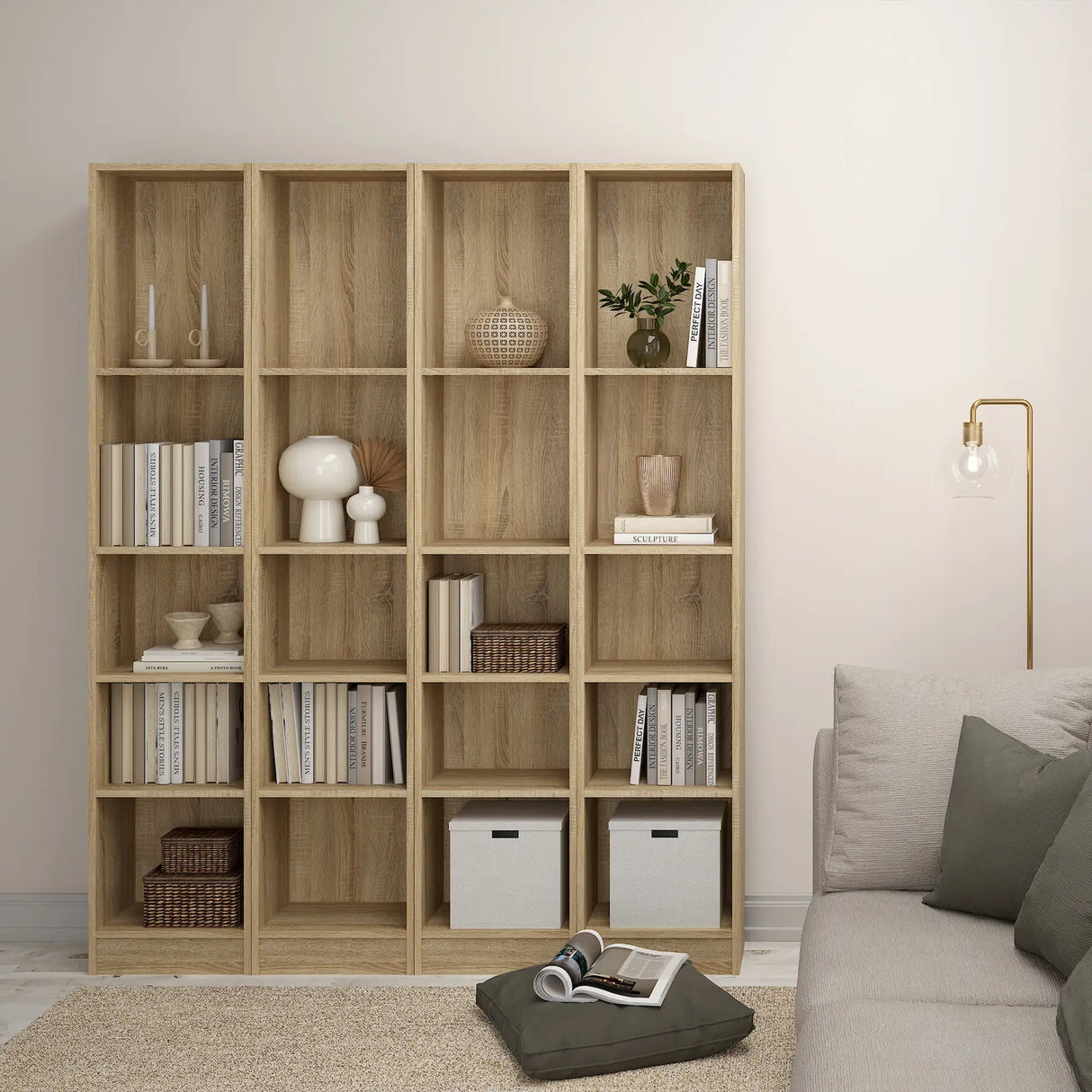 Basic Tall Narrow 4 Shelf Bookcase in Oak