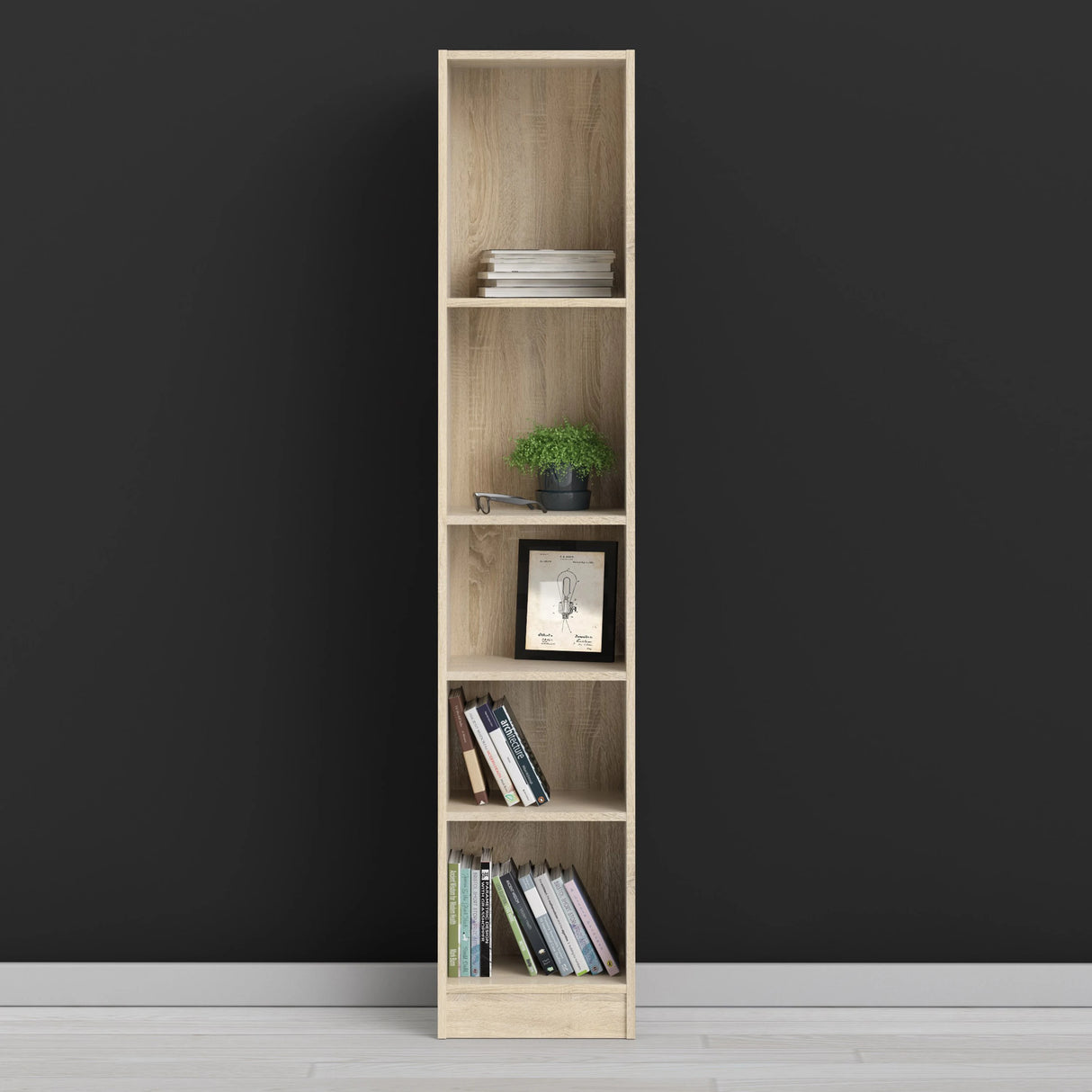 Basic Tall Narrow 4 Shelf Bookcase in Oak