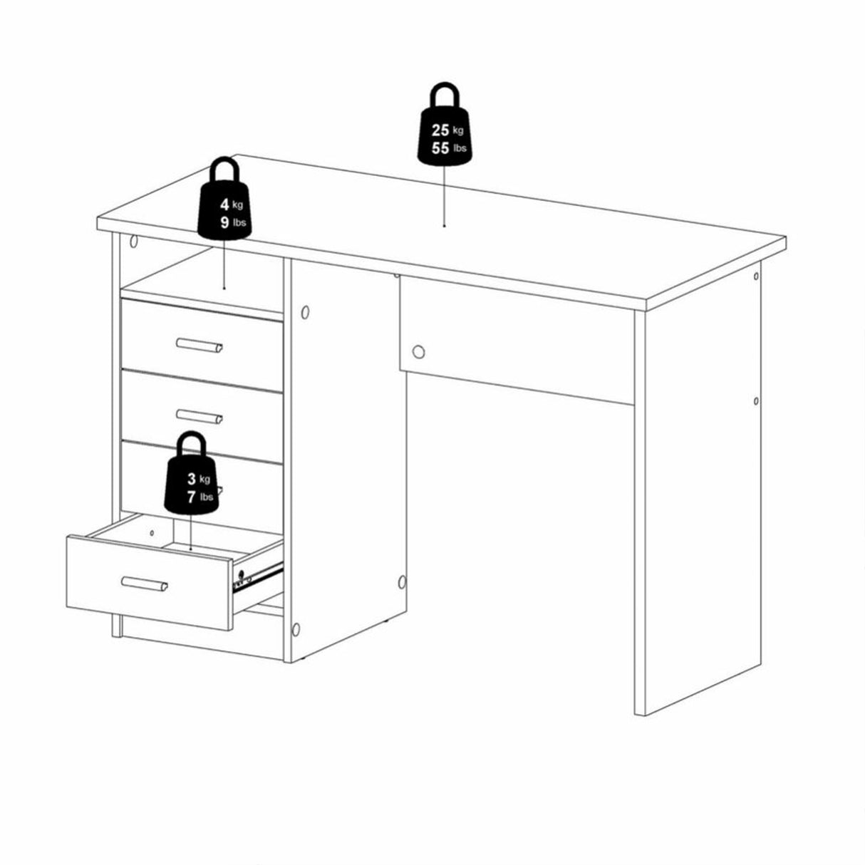 Function Plus Desk White 4 Drawers