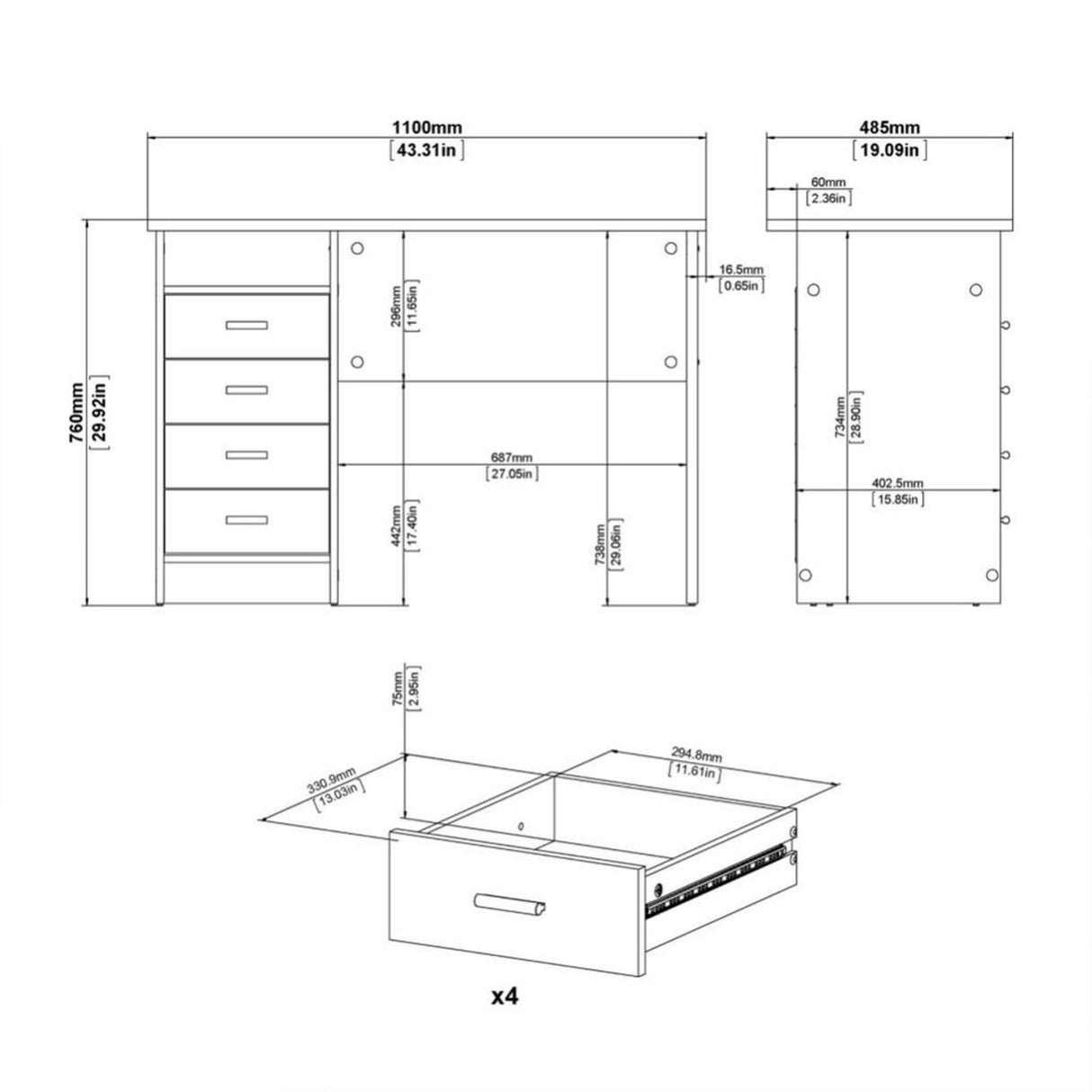Function Plus Desk Oak 4 Drawers