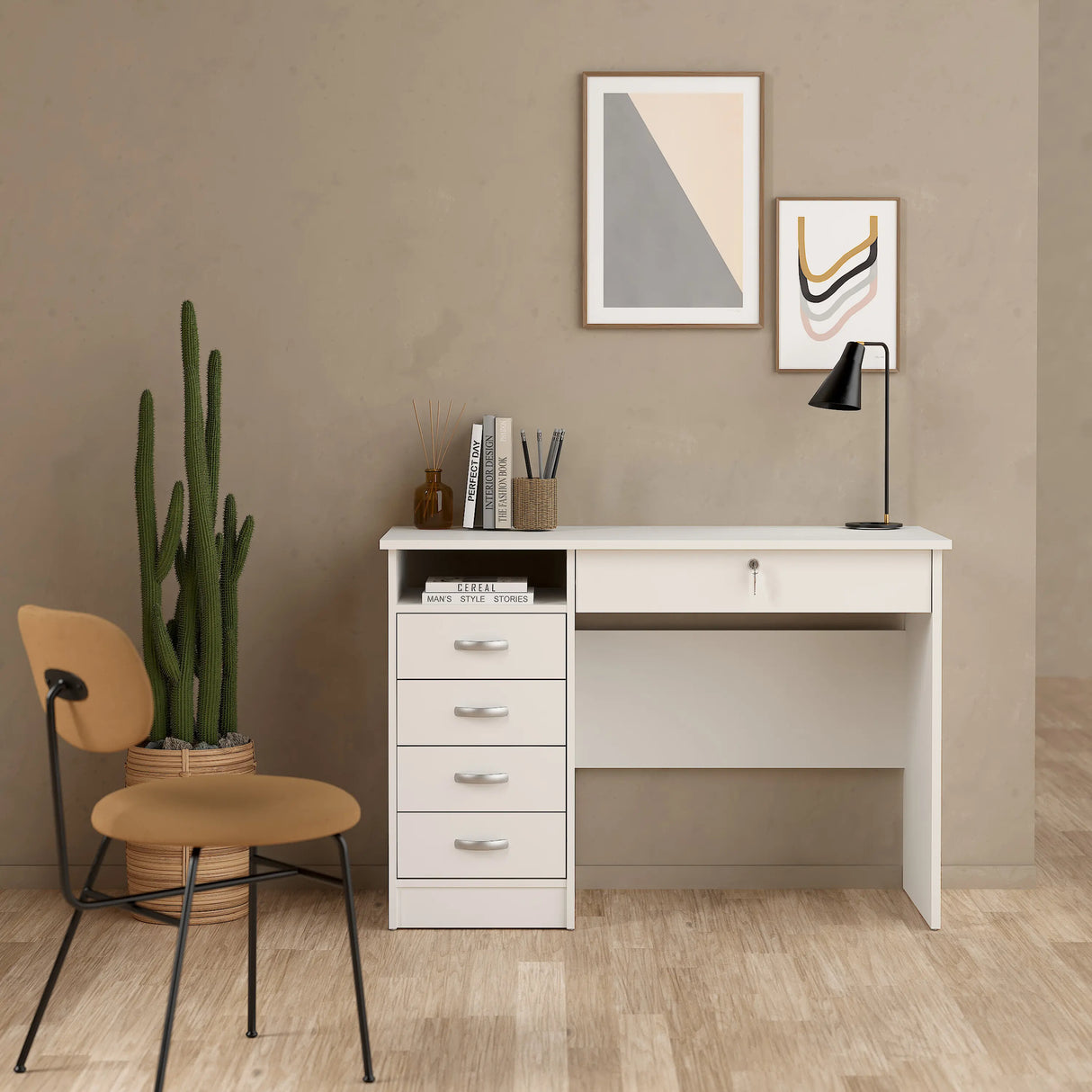 Function Plus Desk with 5 Drawers in White