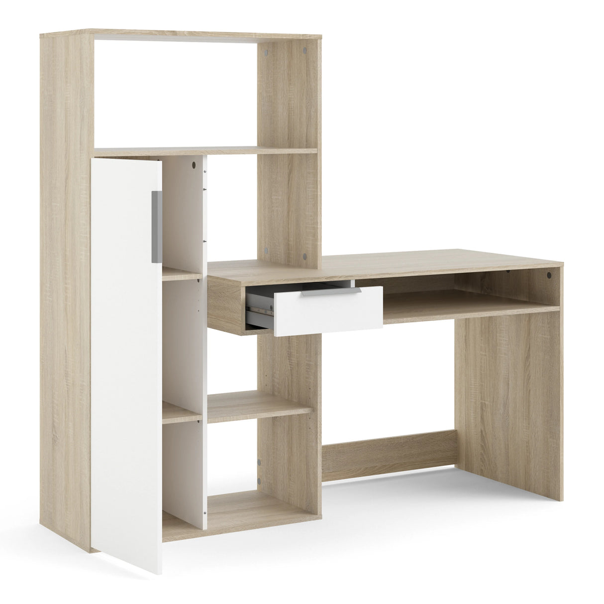 Function Plus Desk White and Oak with Drawer and Cupboard