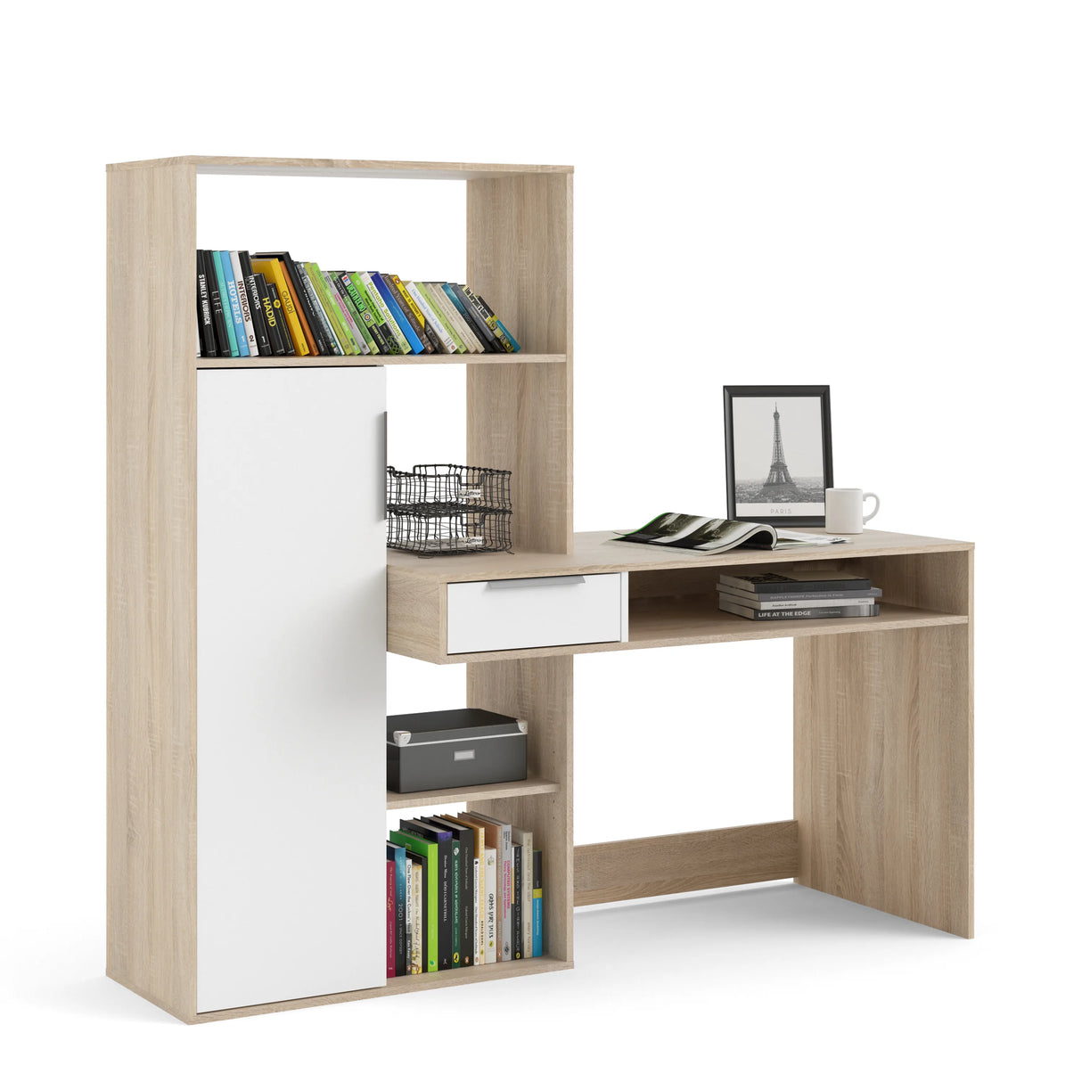 Function Plus Desk White and Oak with Drawer and Cupboard