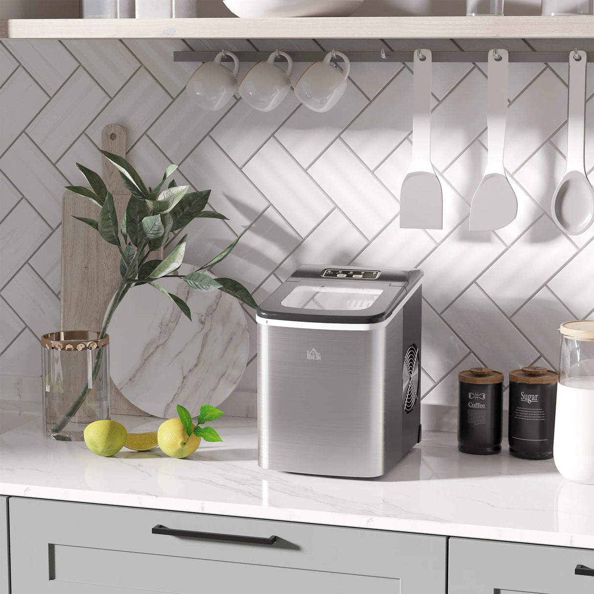 HOMCOM Ice Maker Machine Countertop, 9 Ice Cubes in 8 Mins, 12KG in 24Hrs, Self-Cleaning Portable Ice Cube Maker w/ Adjustable Ice Size, Ice Scoop, Basket, Stainless Steel, No Plumbing Required, Black