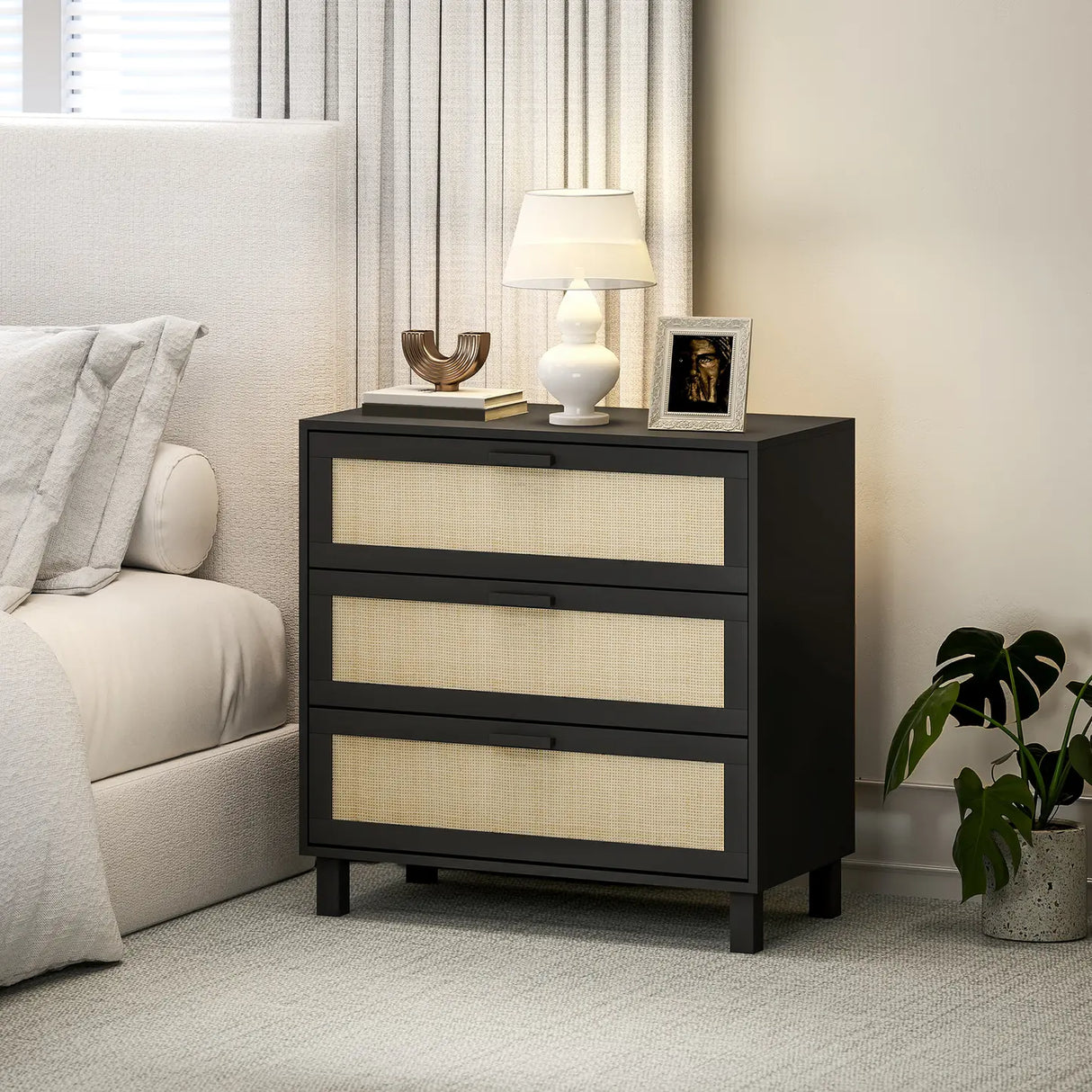 HOMCOM Rattan Bedroom Chest of Drawers, 3 Drawers Storage Unit, Boho Dresser for Living Room, Hallway, Black