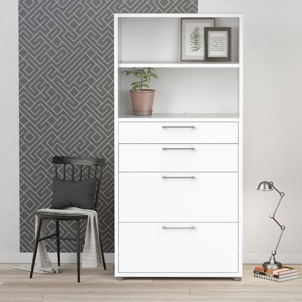 Prima Bookcase with Drawers and File Storage in White