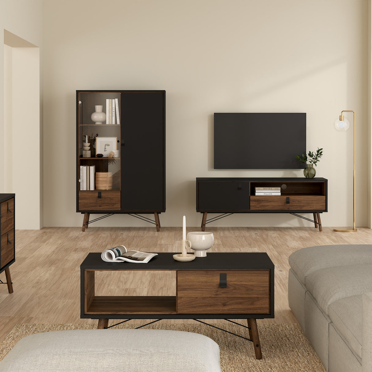 Ry TV-unit 1 door + 1 drawer in Matt Black Walnut