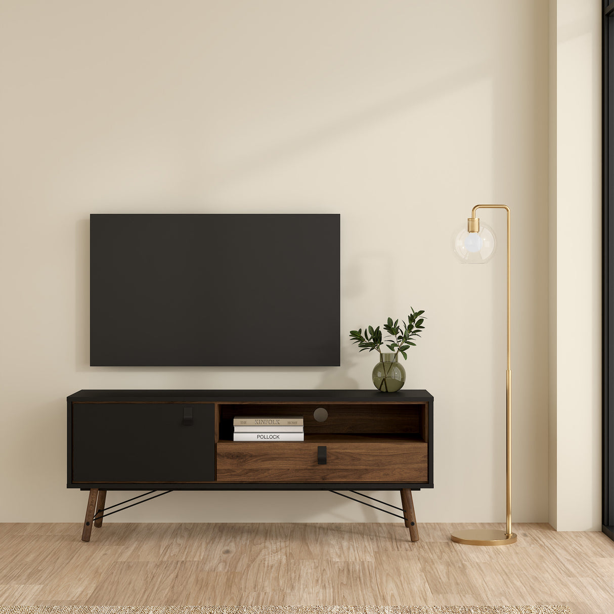 Ry TV-unit 1 door + 1 drawer in Matt Black Walnut