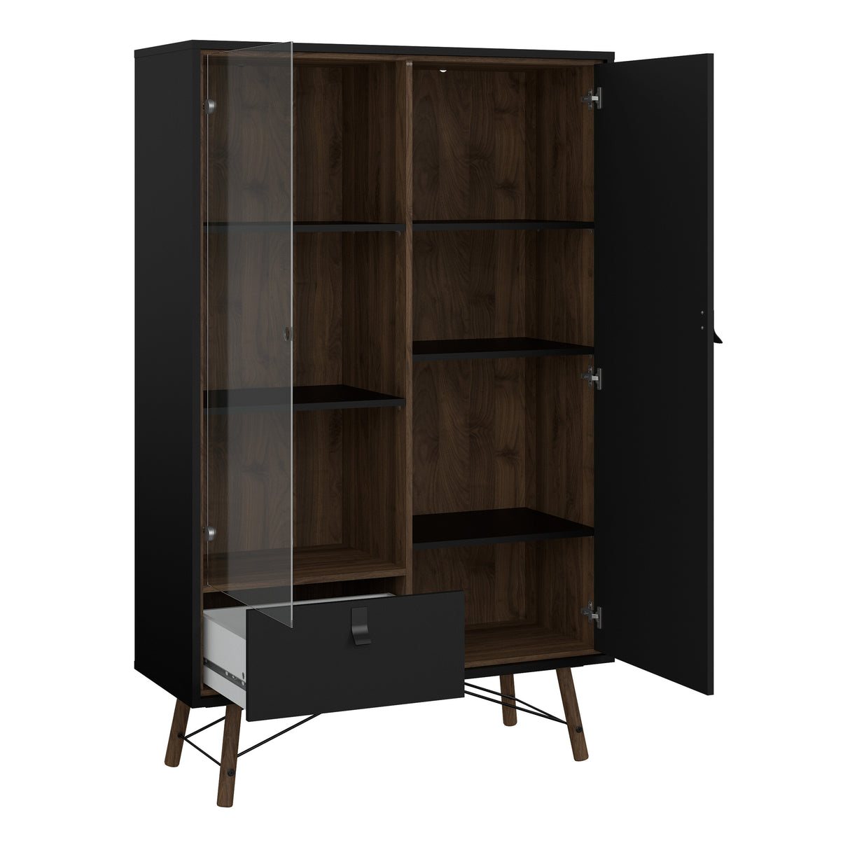 Ry China cabinet 1 door + 1 glass door + 1 drawer in Matt Black Walnut