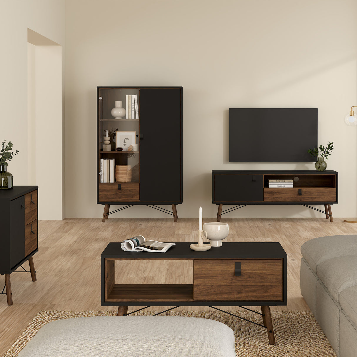 Ry China cabinet 1 door + 1 glass door + 1 drawer in Matt Black Walnut