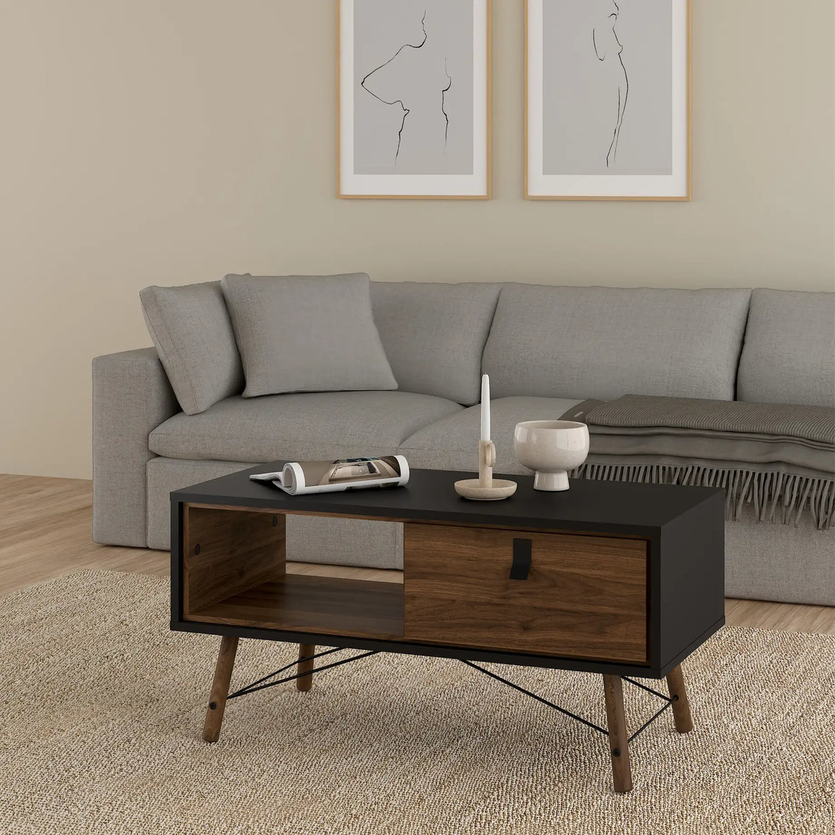 Ry Coffee Table with Drawer in Matt Black Walnut