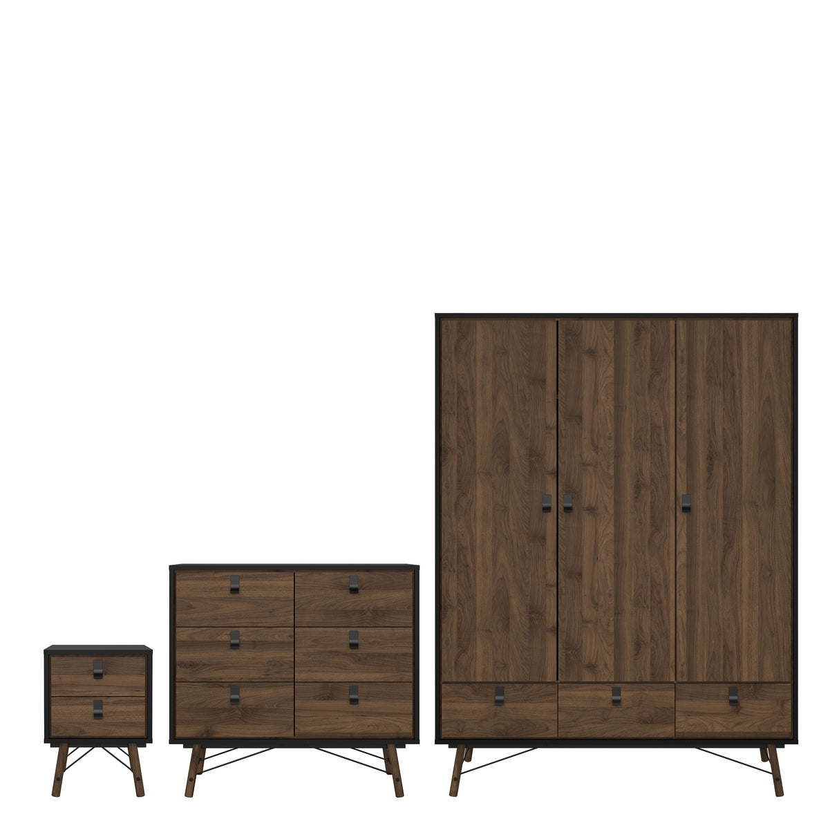 Ry Package - Wardrobe 3 doors + 3 drawers + Double chest of drawers 6 drawers + Bedside cabinet 2 drawer in Matt Black Walnut