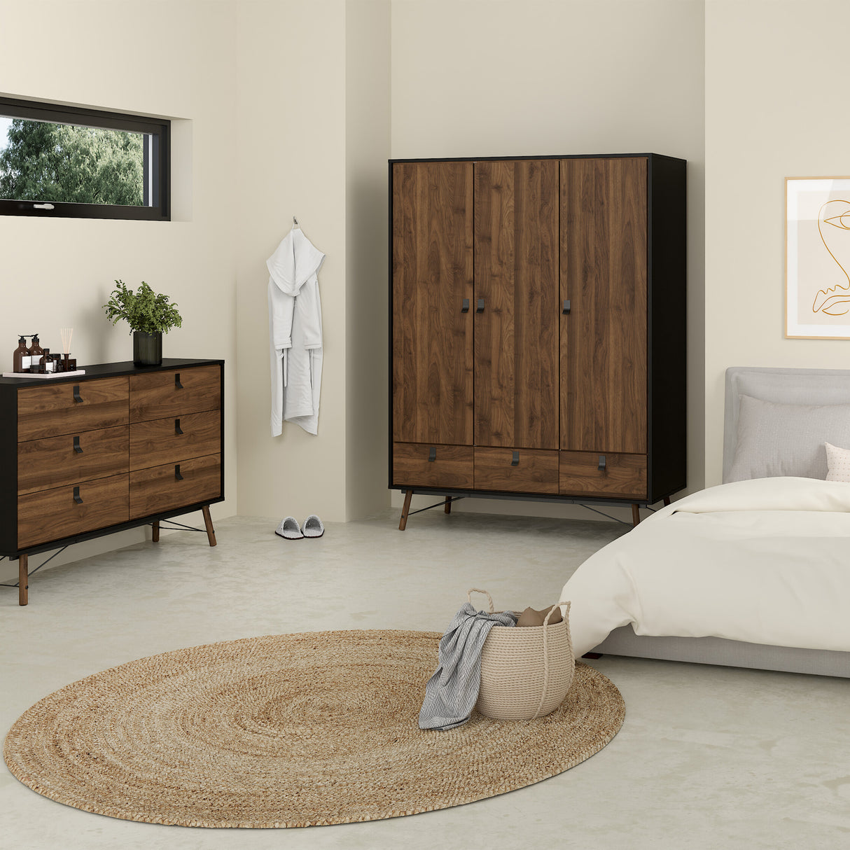Ry Package - Wardrobe 3 doors + 3 drawers + Double chest of drawers 6 drawers + Bedside cabinet 2 drawer in Matt Black Walnut