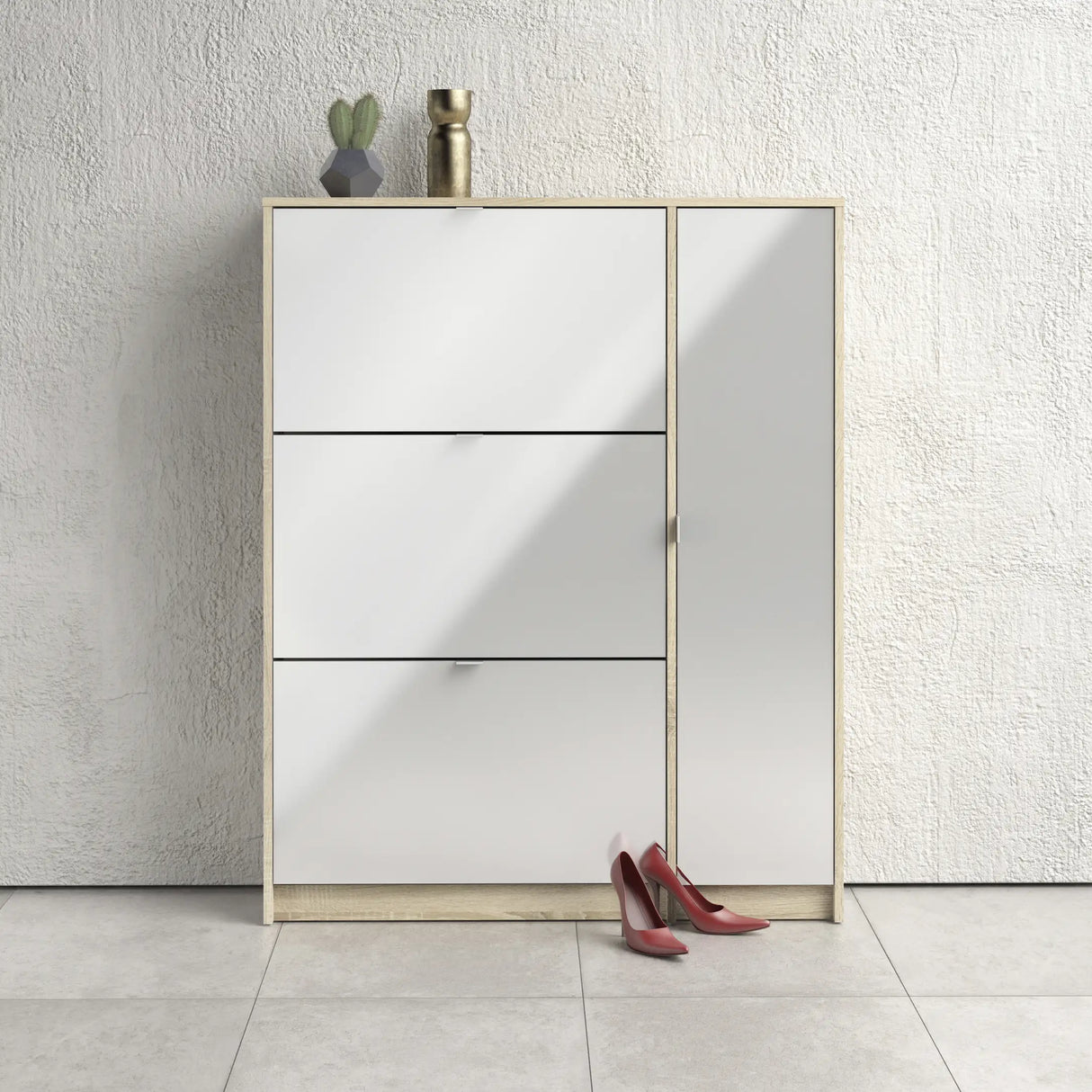 Shoes Cabinet with 3 Flip Doors and Side Door in Oak Structure