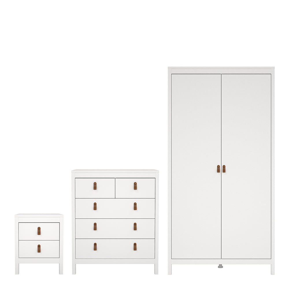 Barcelona Package - Bedside Table 2 Drawers + Chest 5 Drawers + Wardrobe with 2 Doors in White