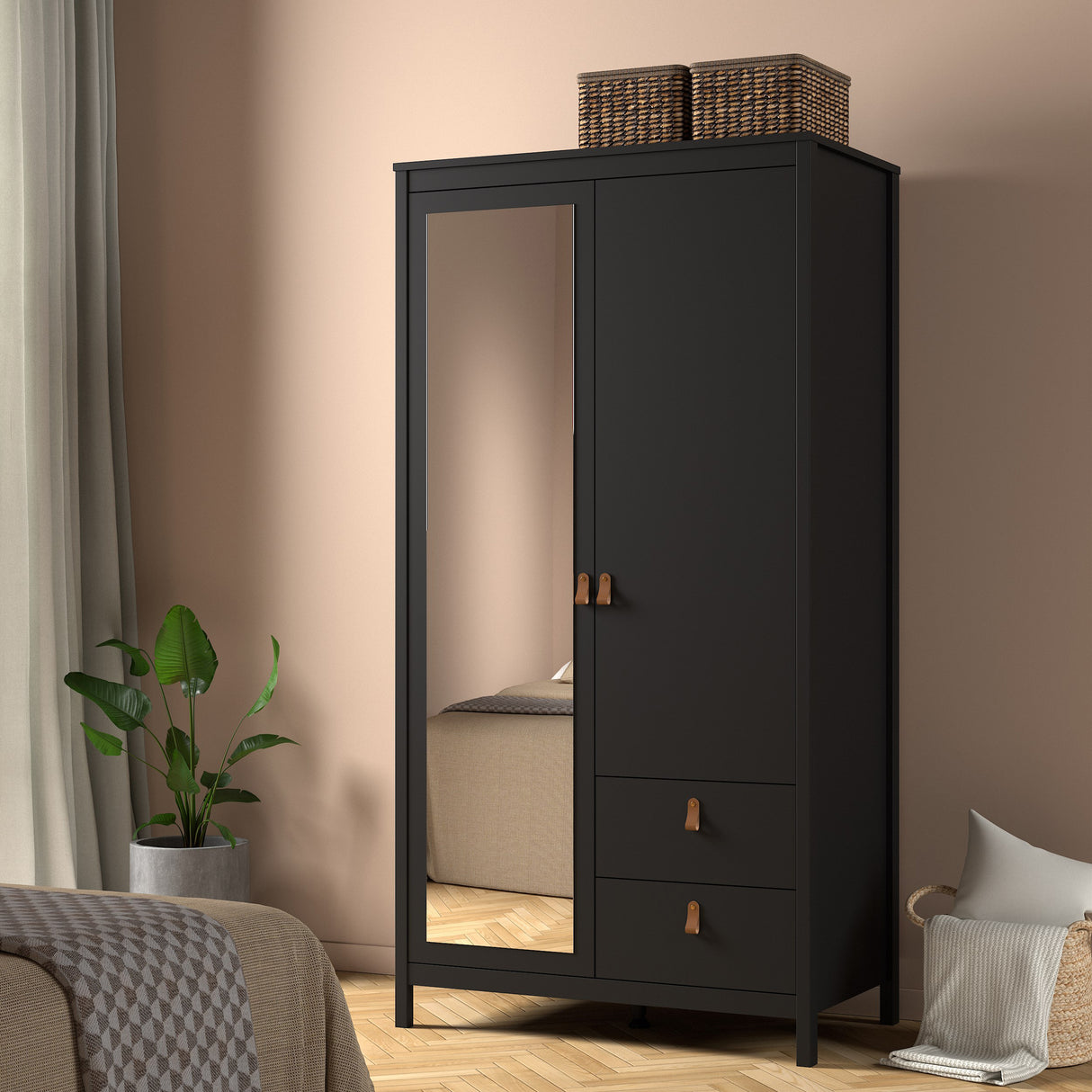 Barcelona Wardrobe with 1 door + 1 Mirror Door + 2 Drawers Matt Black