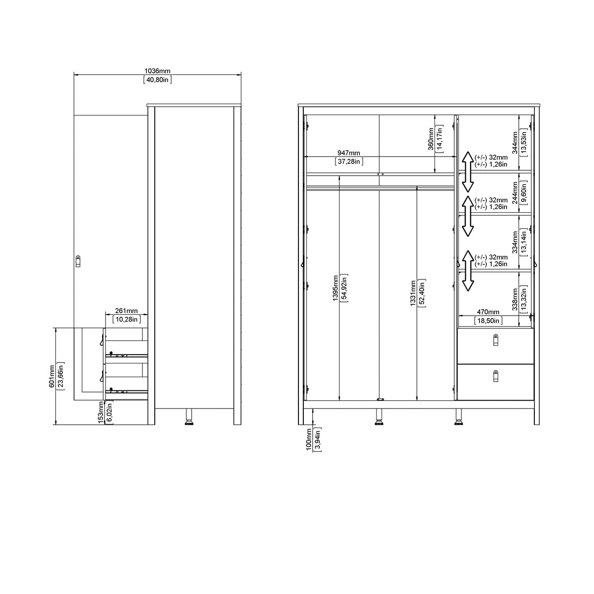 Barcelona Wardrobe with 2 Doors + 1 Mirror Door + 2 Drawers in Cashmere