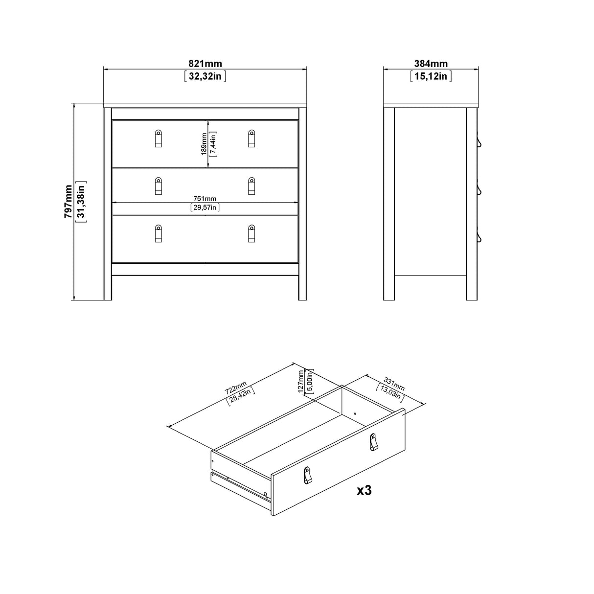 Barcelona Chest 3 drawers in Jackson Hickory Oak