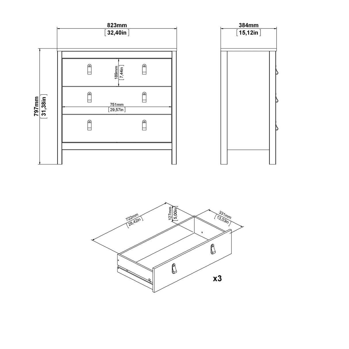 Barcelona Chest 3 Drawers in Cashmere