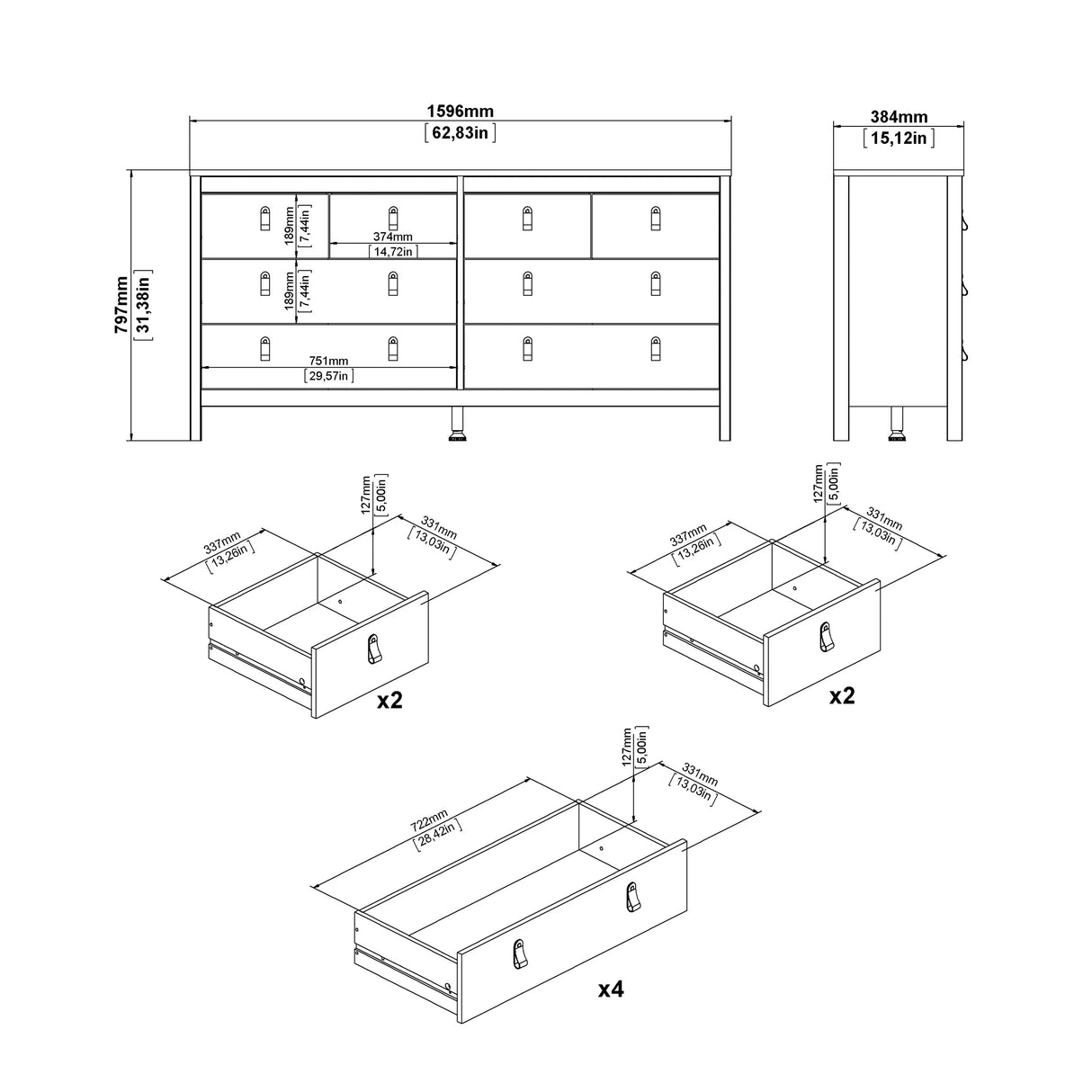 Barcelona Double Dresser 4+4 Drawers in Cashmere