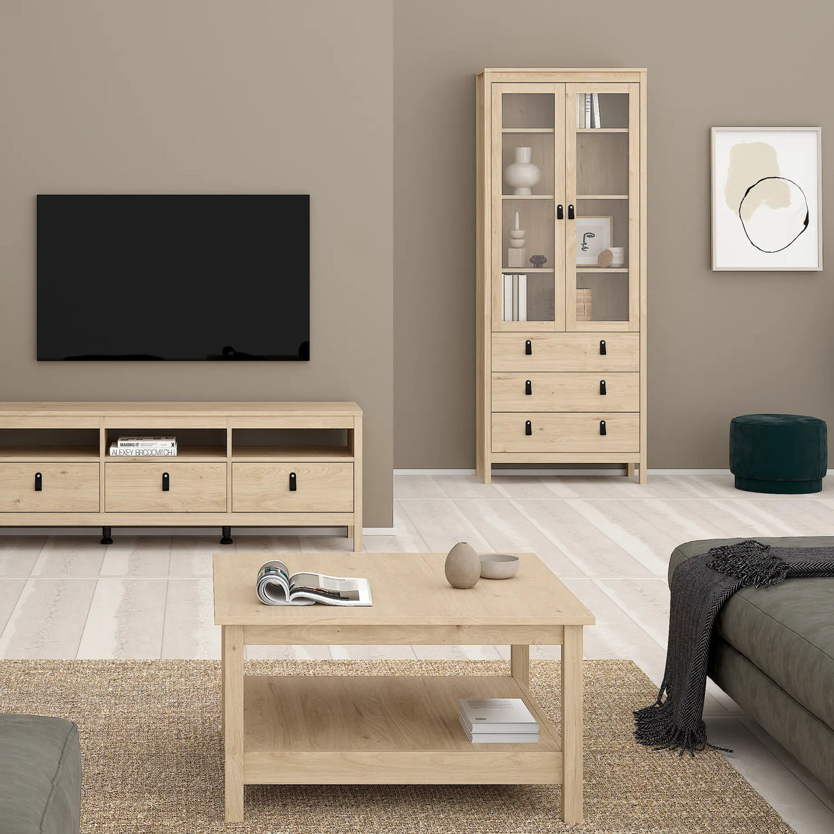 Barcelona China Cabinet 2 Glass Doors with 3 Drawers in Oak